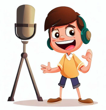 Animated boy in front of a microphone